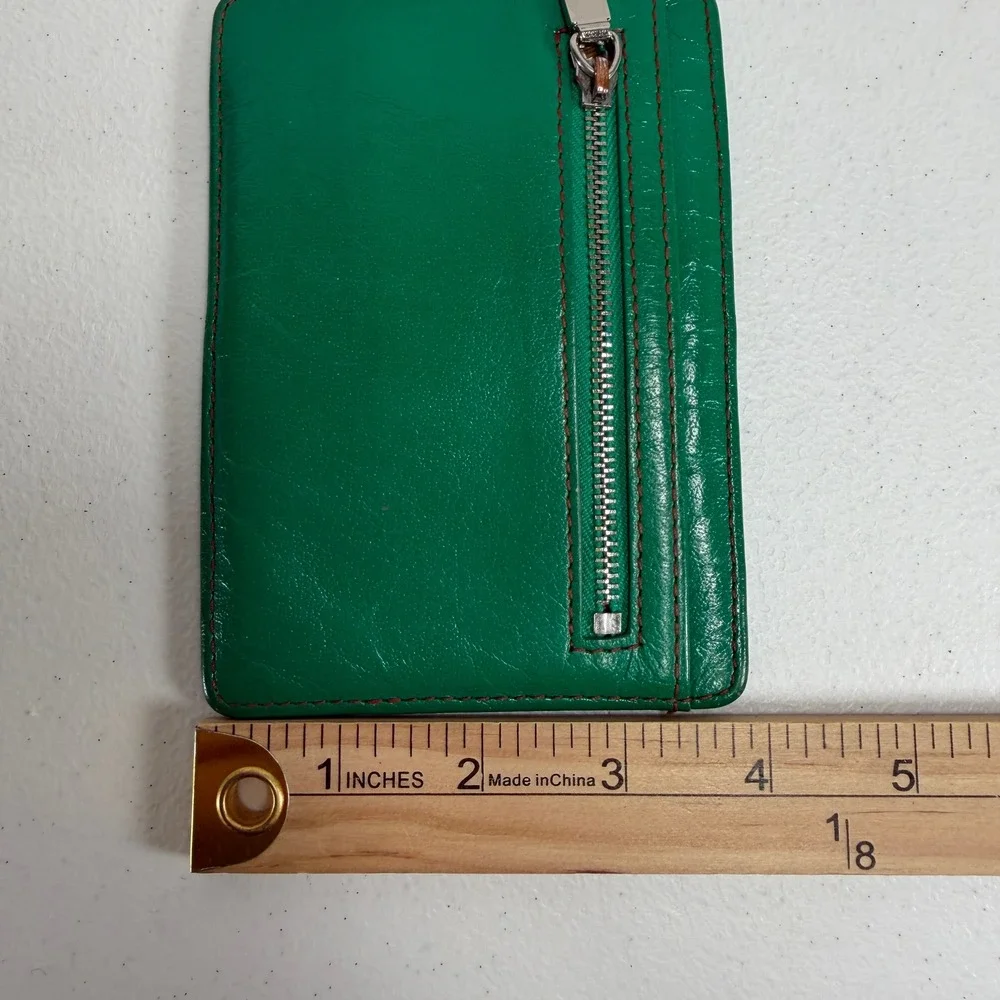 Hobo Euro Slide Card Case Holder Slim Zipper ID Window Green Leather Wallet